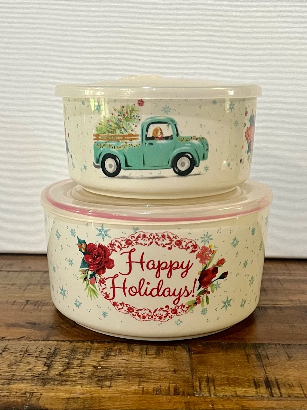 The Pioneer Woman Happy Holidays Ceramic Holiday Storage Bowls - Cream and Teal